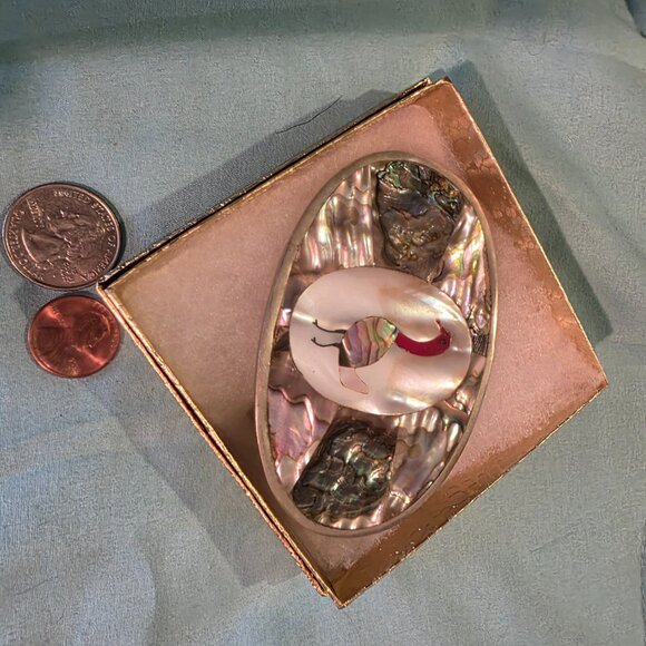 Vintage Metal Belt Buckle, Nice Silver and Abalone Design, Swan, Duck, Goose - Picture 2 of 5